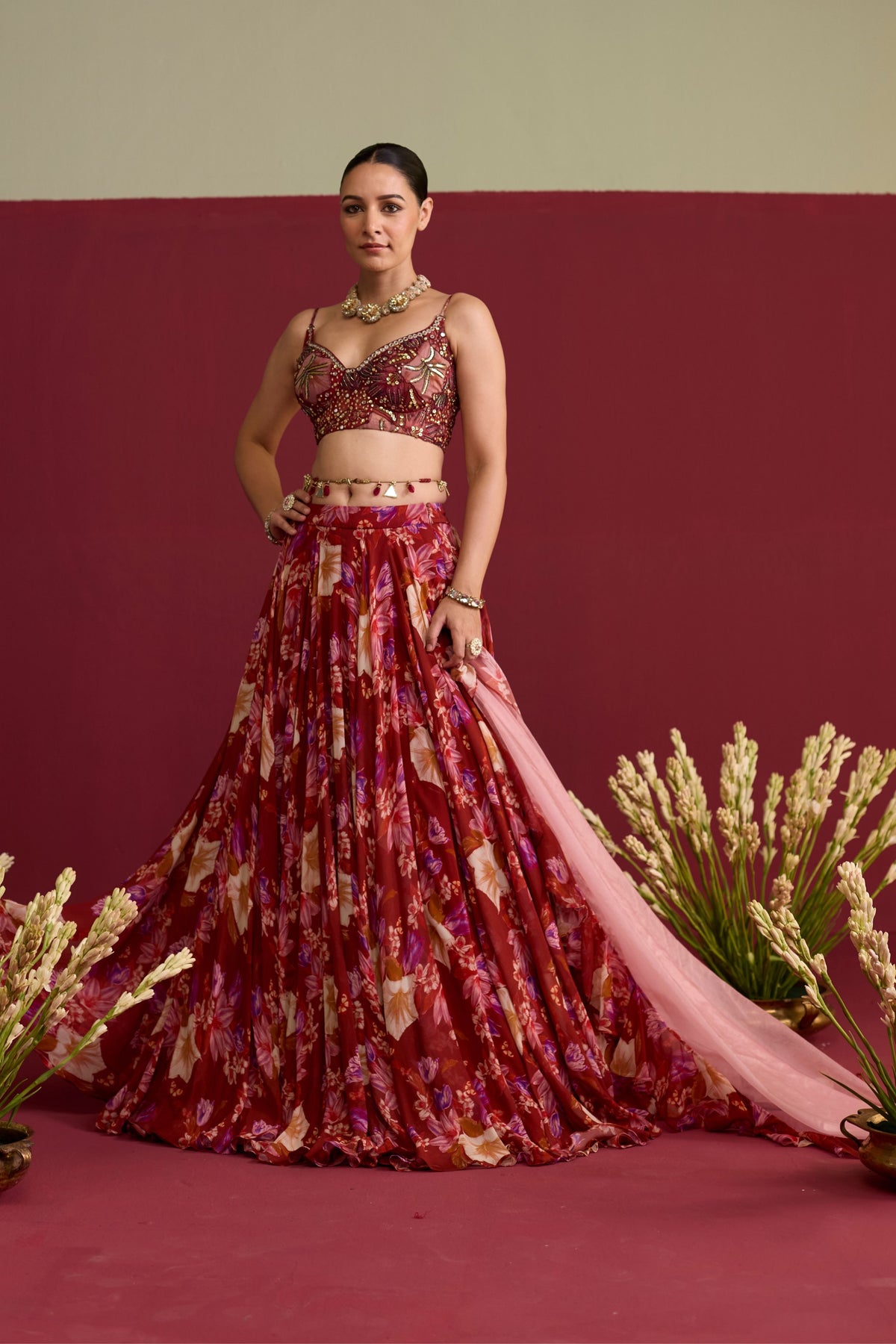 Red Floral Lehenga Set