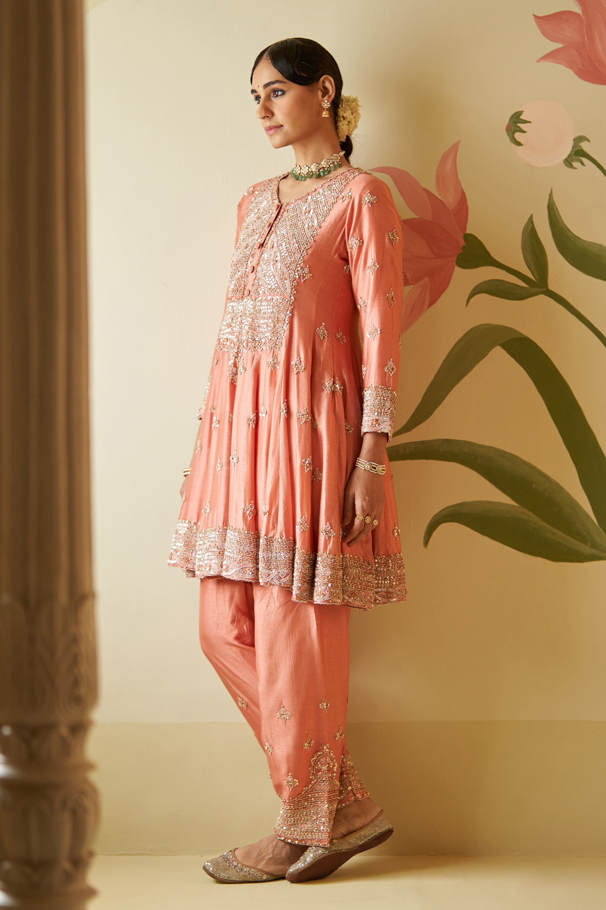 Salmon Chanderi Silk Anarkali Set