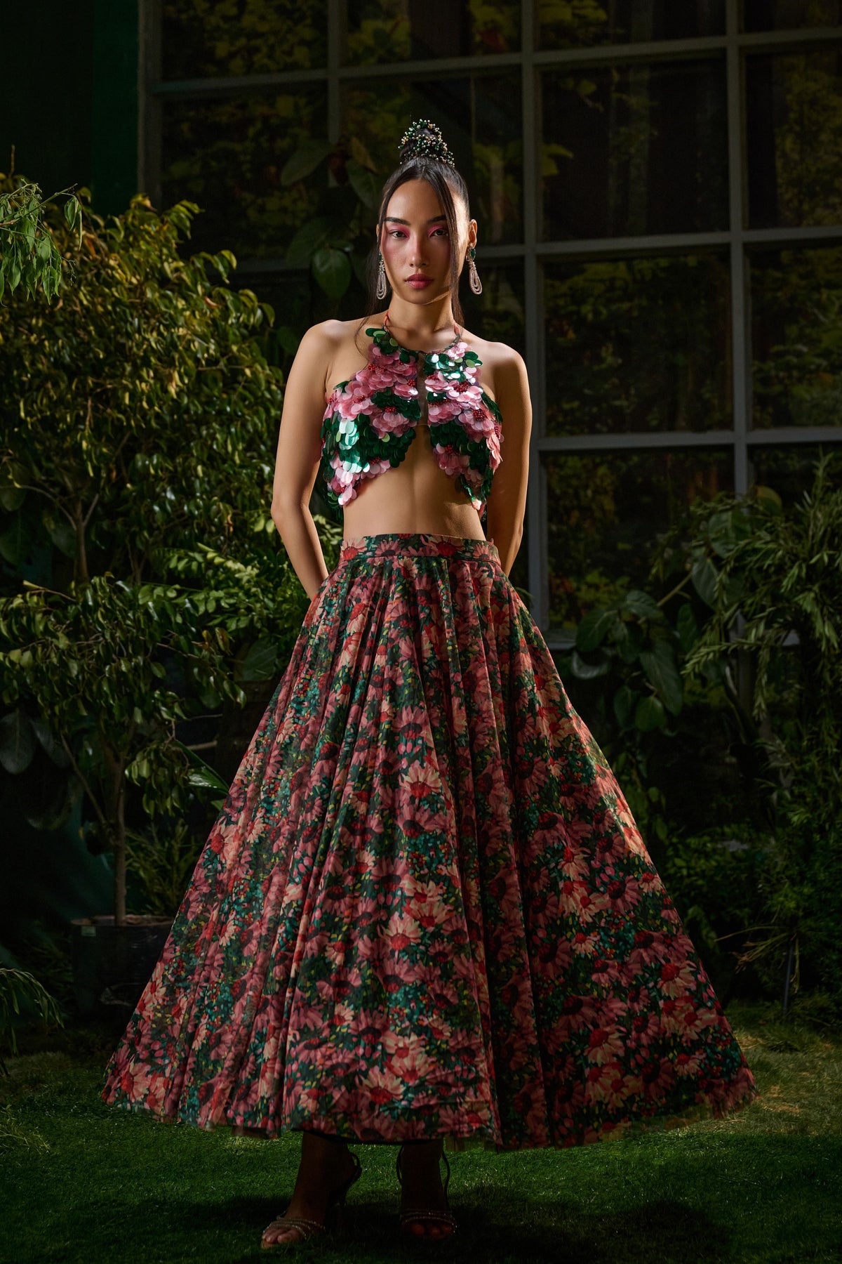 Red &amp; Green Wild Flower Lehenga