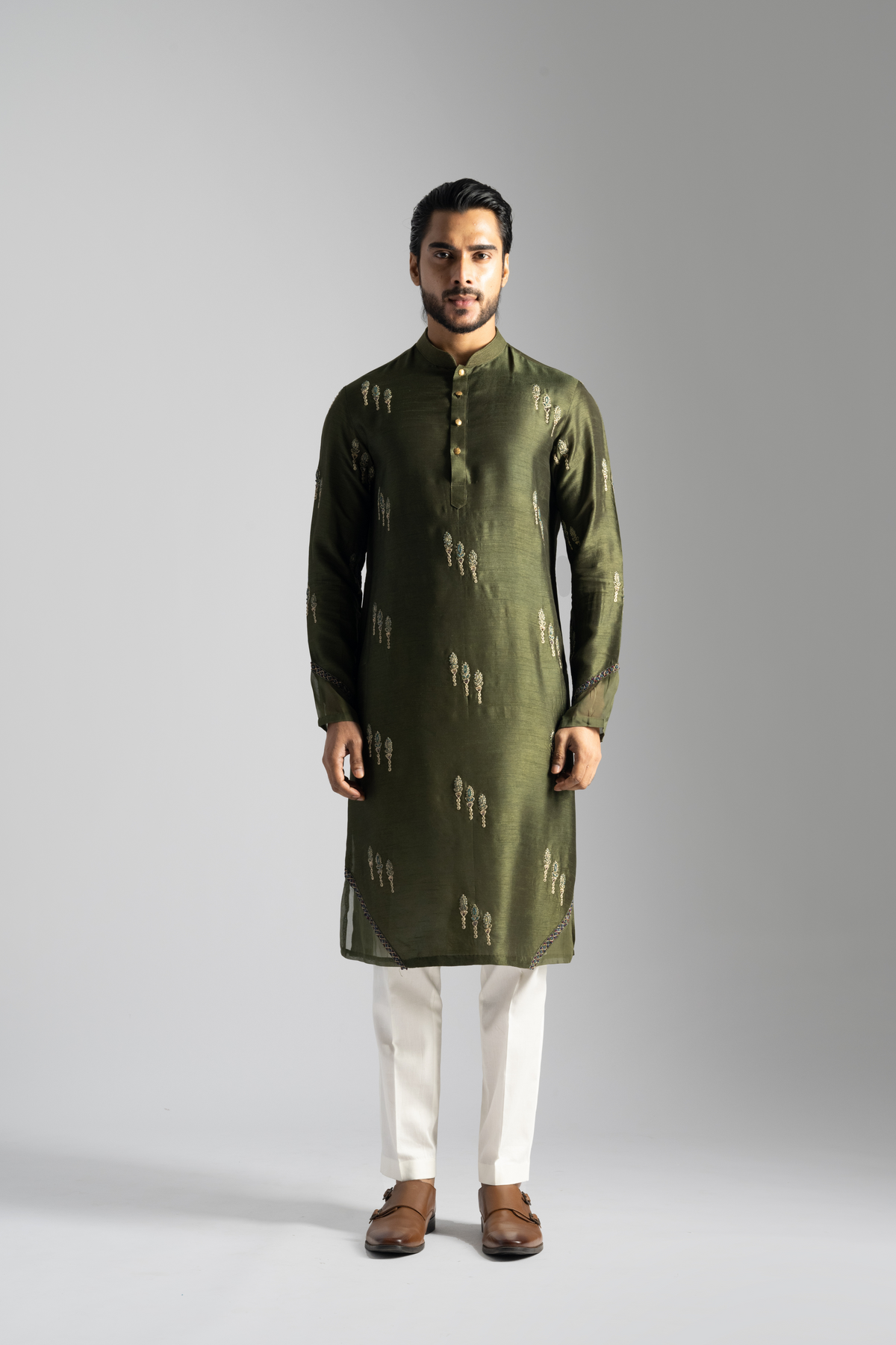 Olive Green Linen Kurta Set