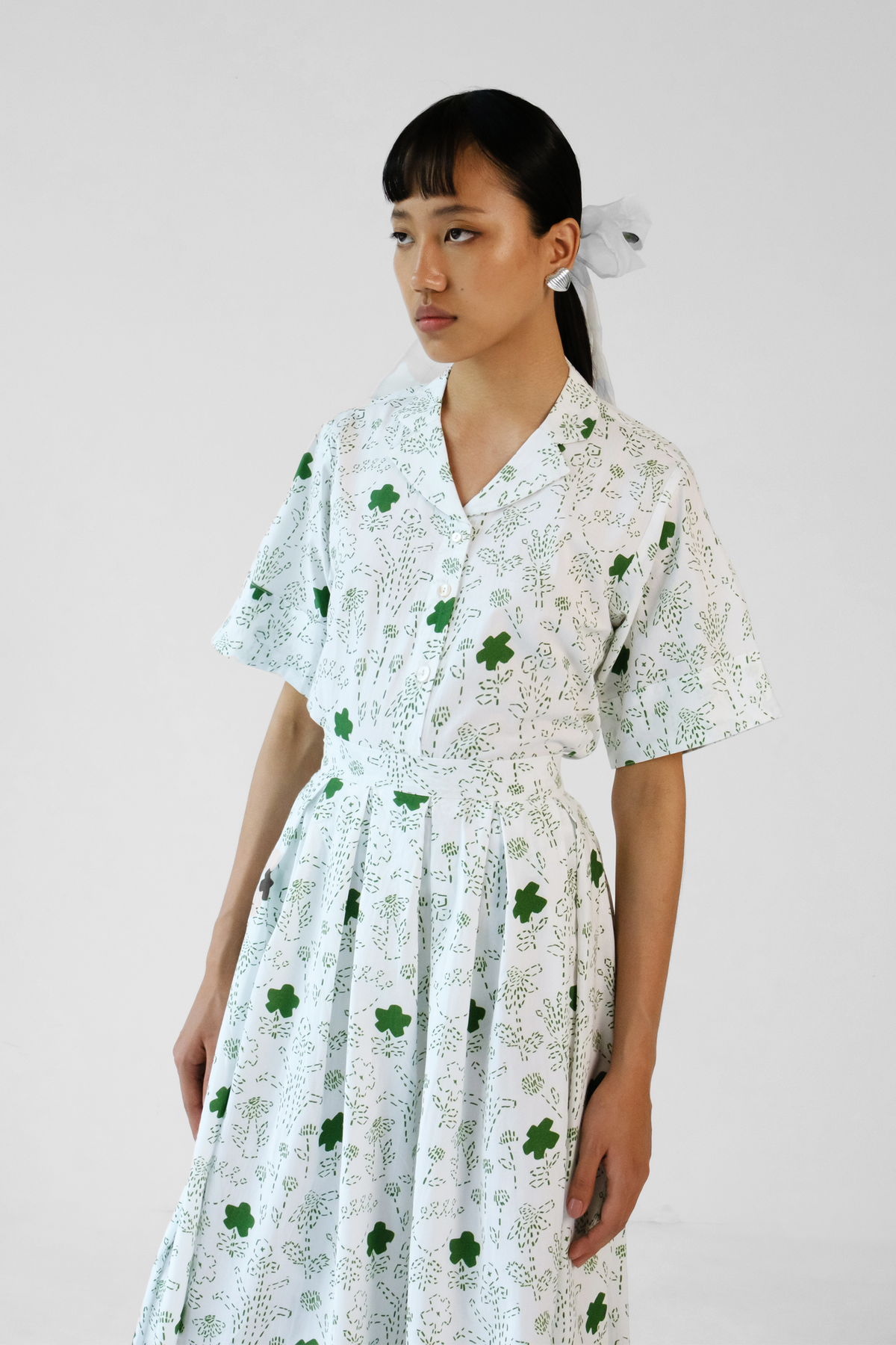 White and Green Skirt Set