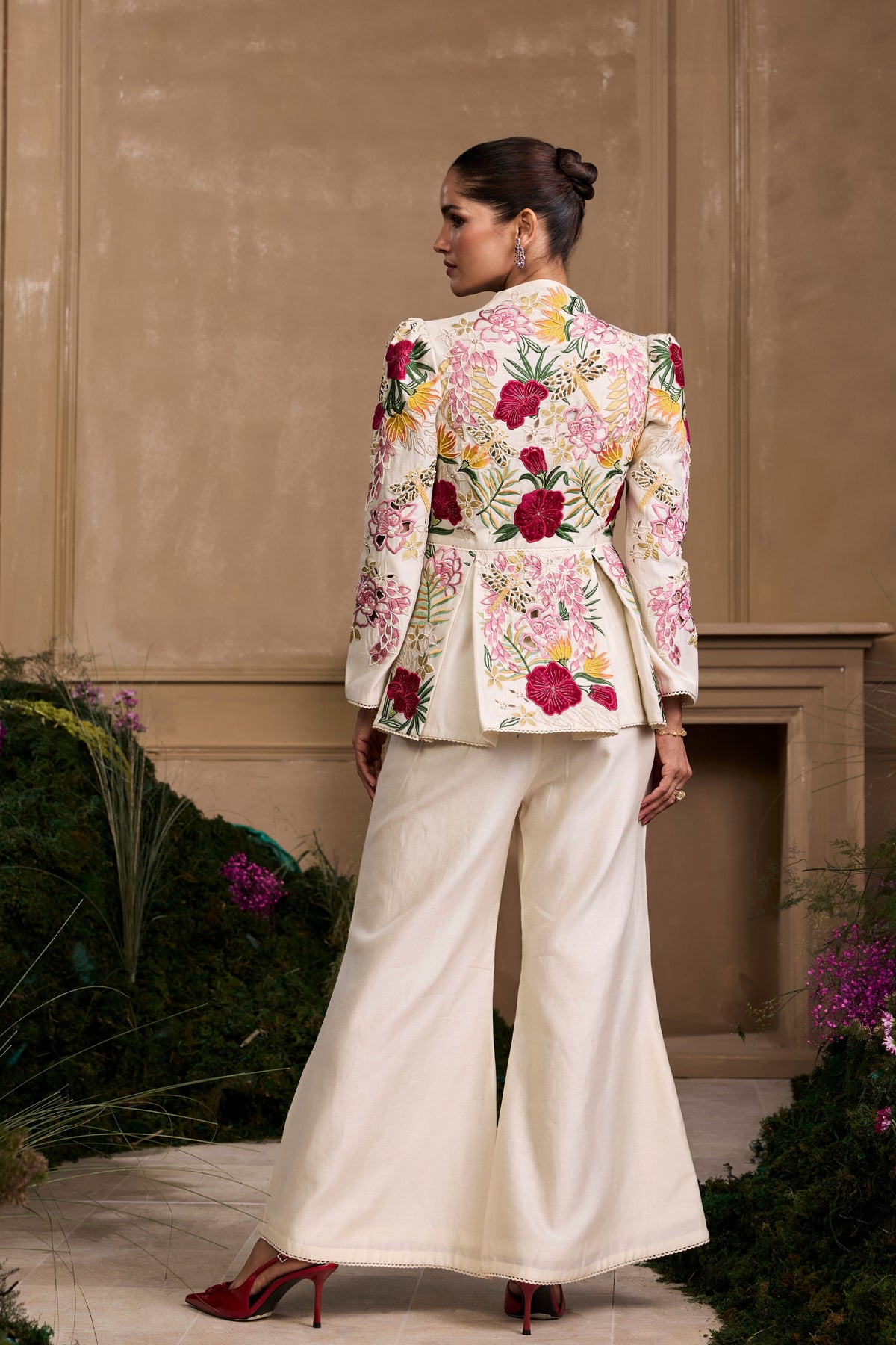 Ivory Floral Pleated Peplum Jacket