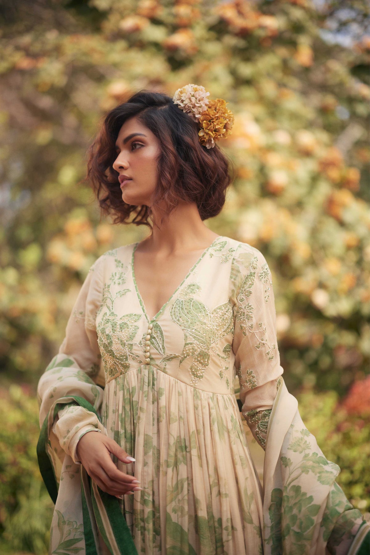 Green and Ivory Anarkali Set