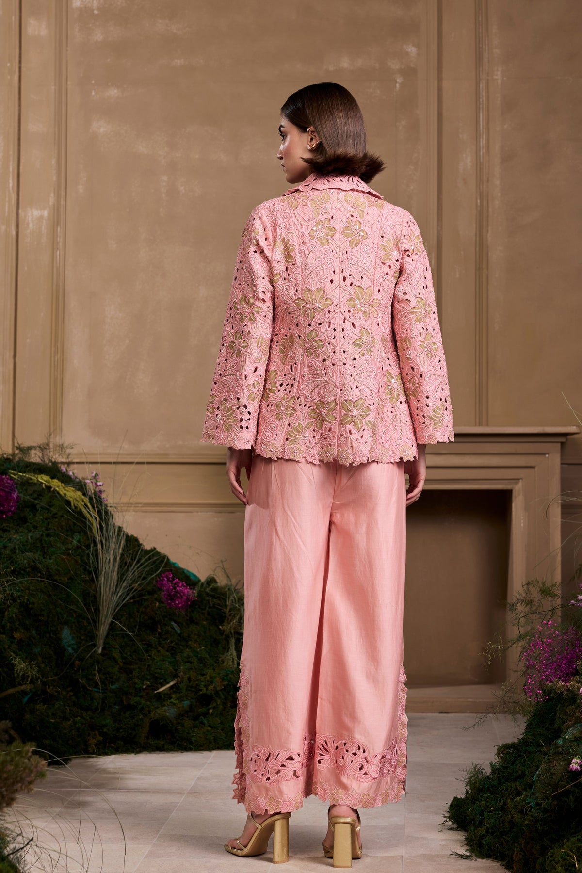 Rose Pink Cutwork Flared Jacket