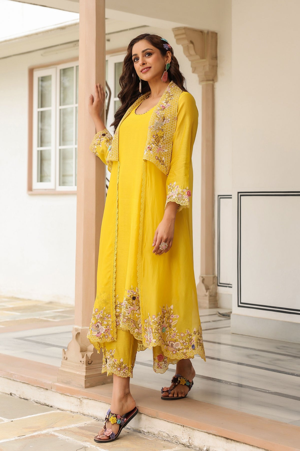 Gulzar Yellow Embroidered Jacket  Set