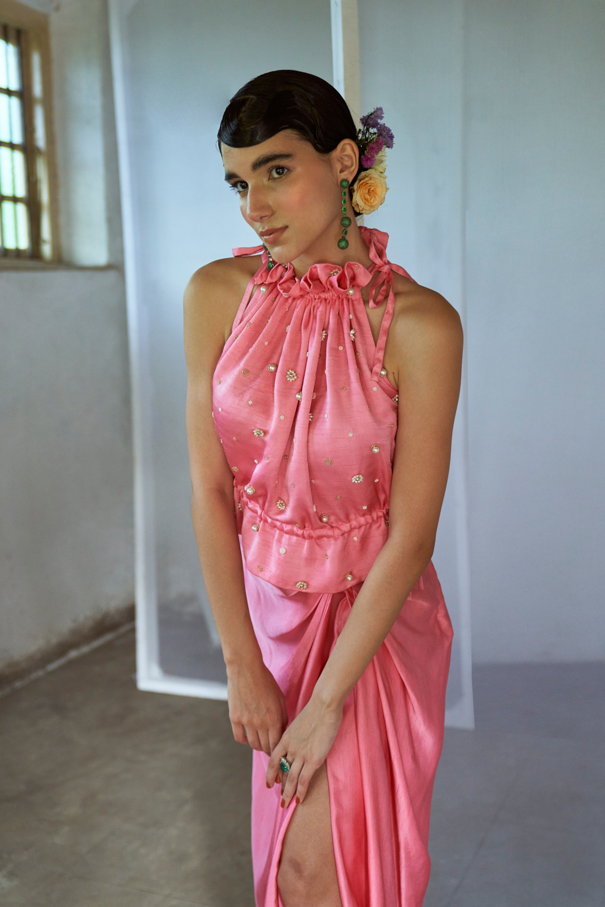 Rose Pink Ruffled Top With Draped Skirt