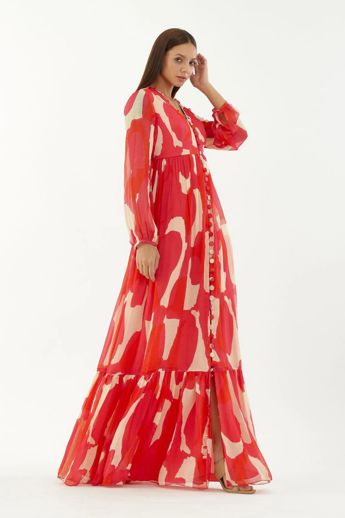 Hot Pink, Red And Beige Abstract Long Dress