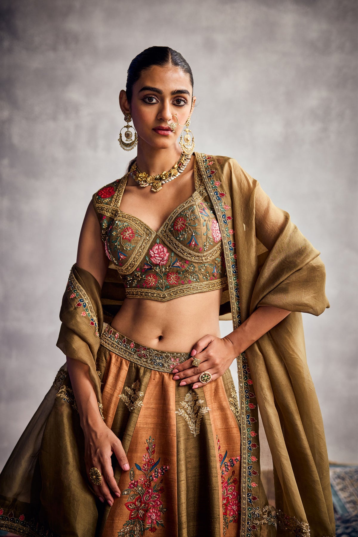 Green &amp; Orange Lehenga Set