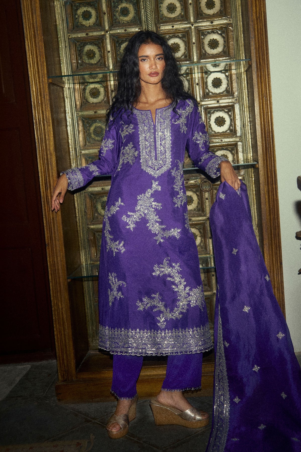 Zari Aari Work A Line Kurta Set