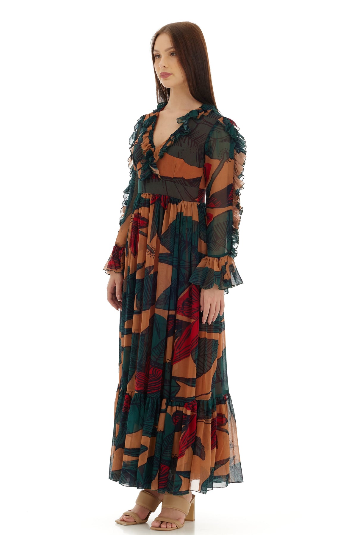 Beige and Green Long Dress