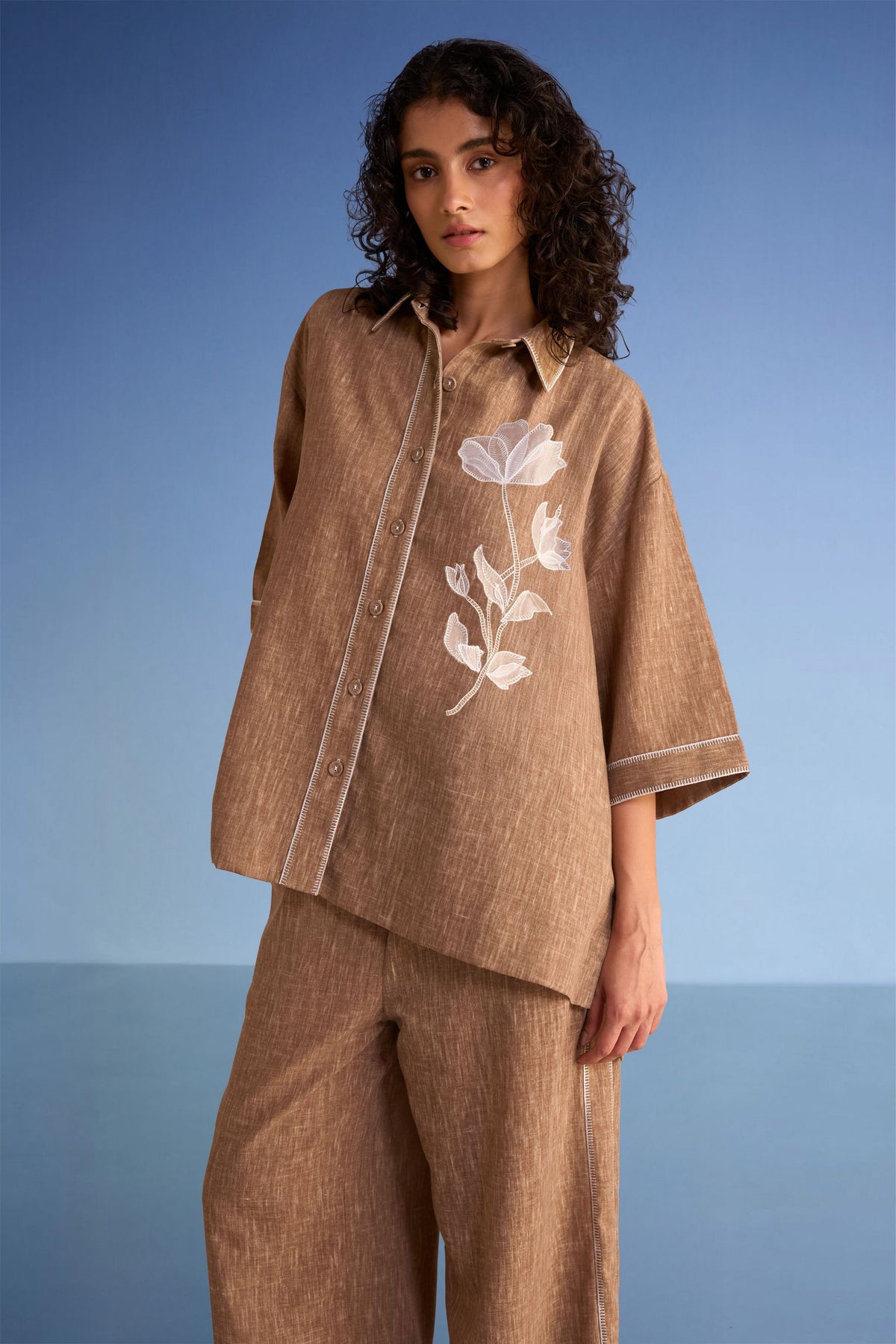 Floral Appliqué Textured Shirt
