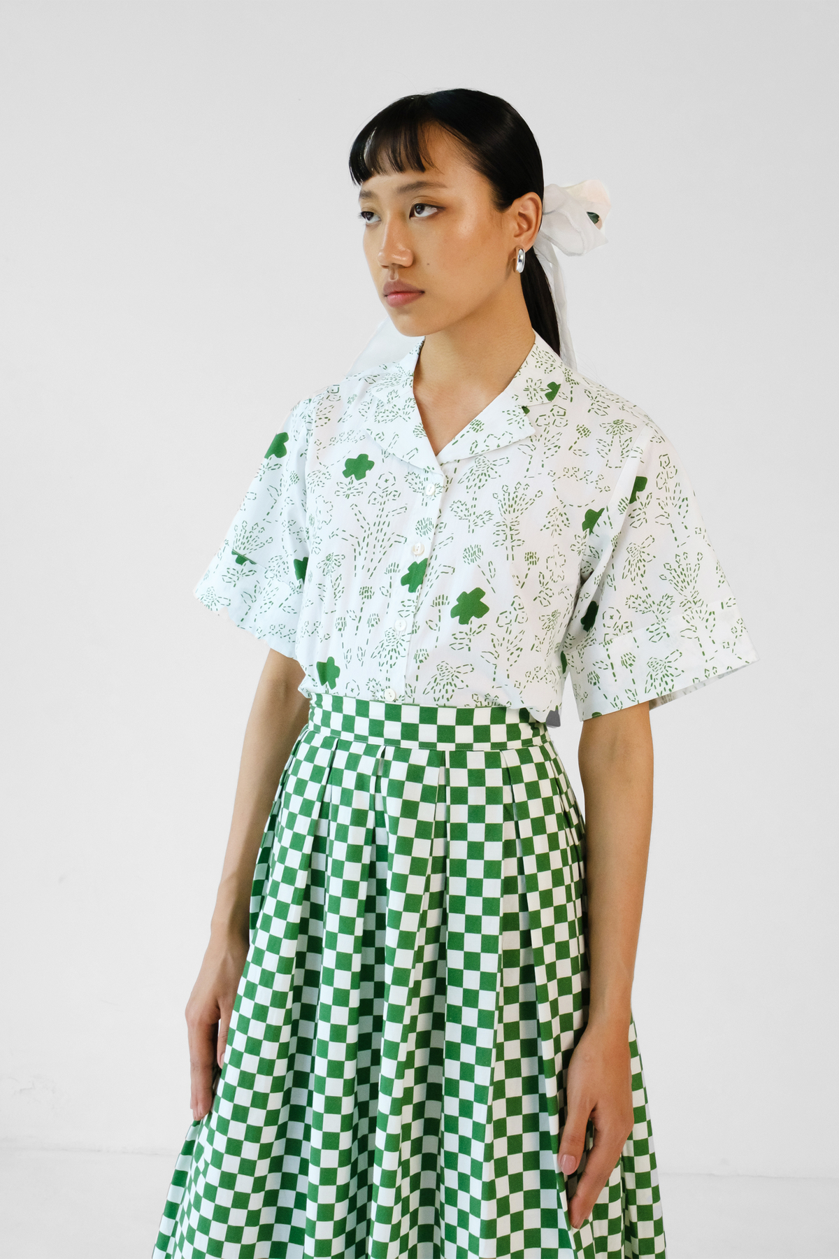 Green Checks Printed Skirt Set