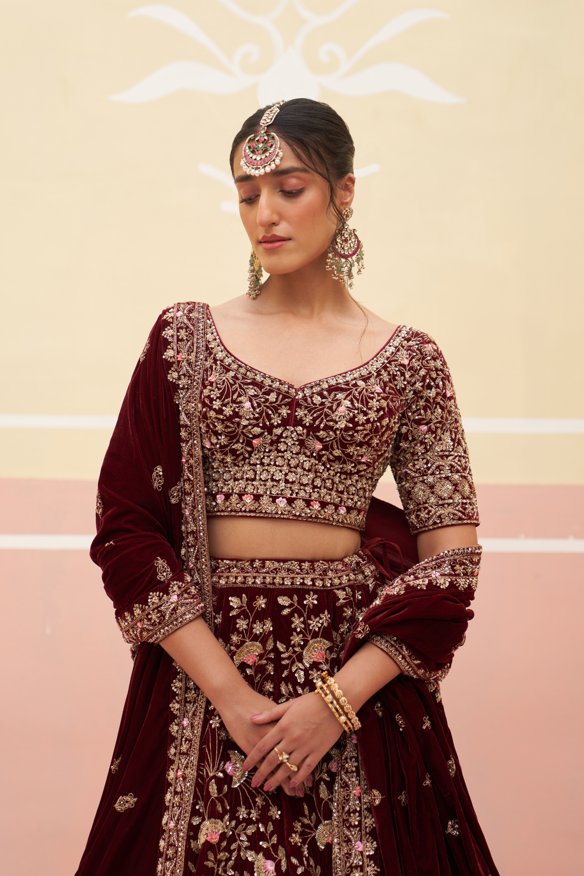 Maroon Velvet Lehenga Set