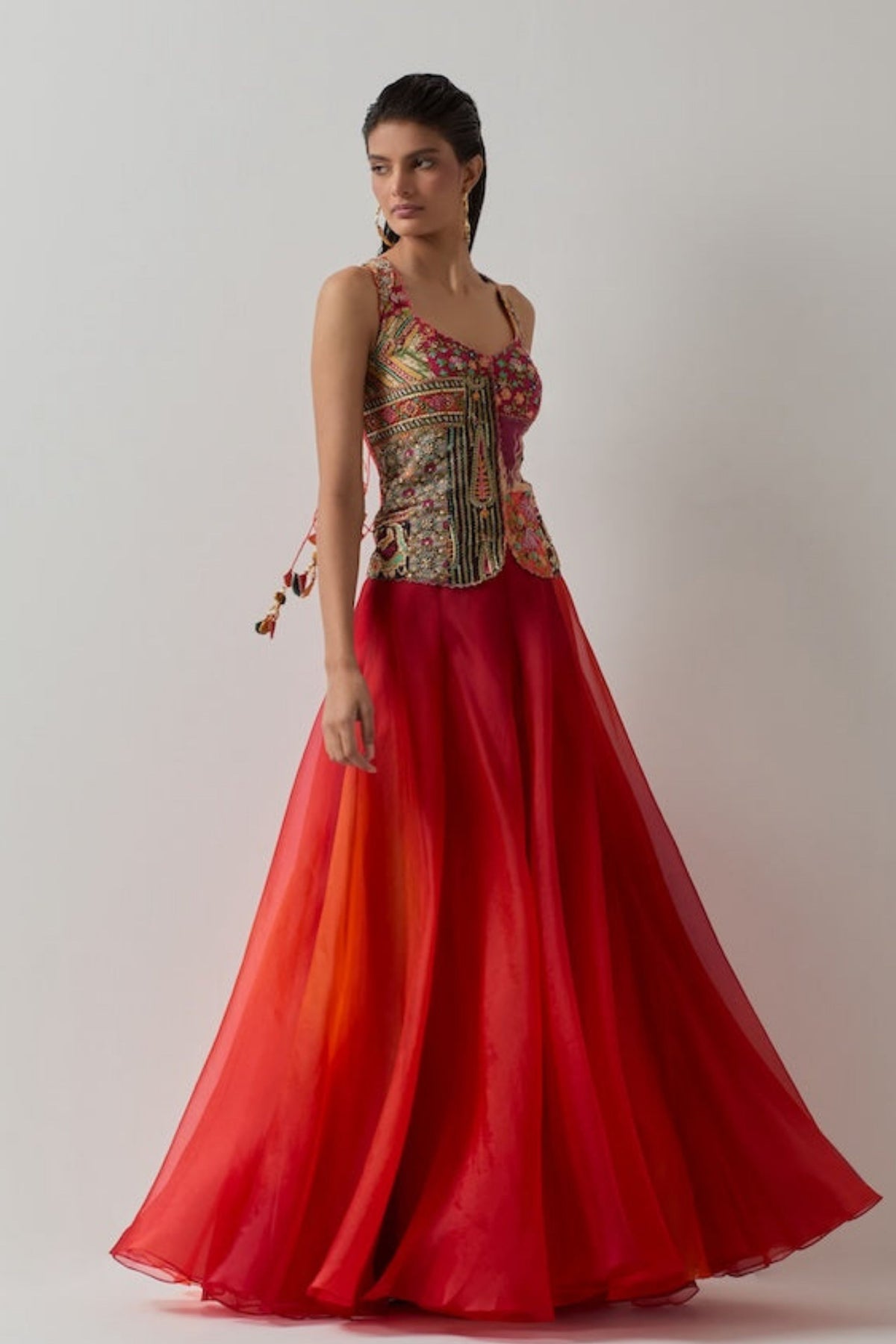 Multi Corset and Red Skirt