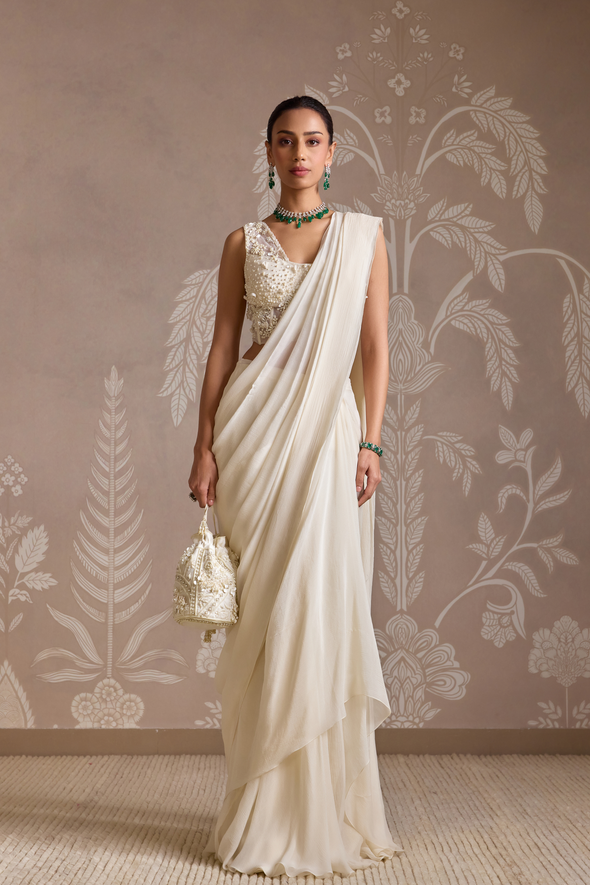 Ivory Embroidered Drape Saree Set