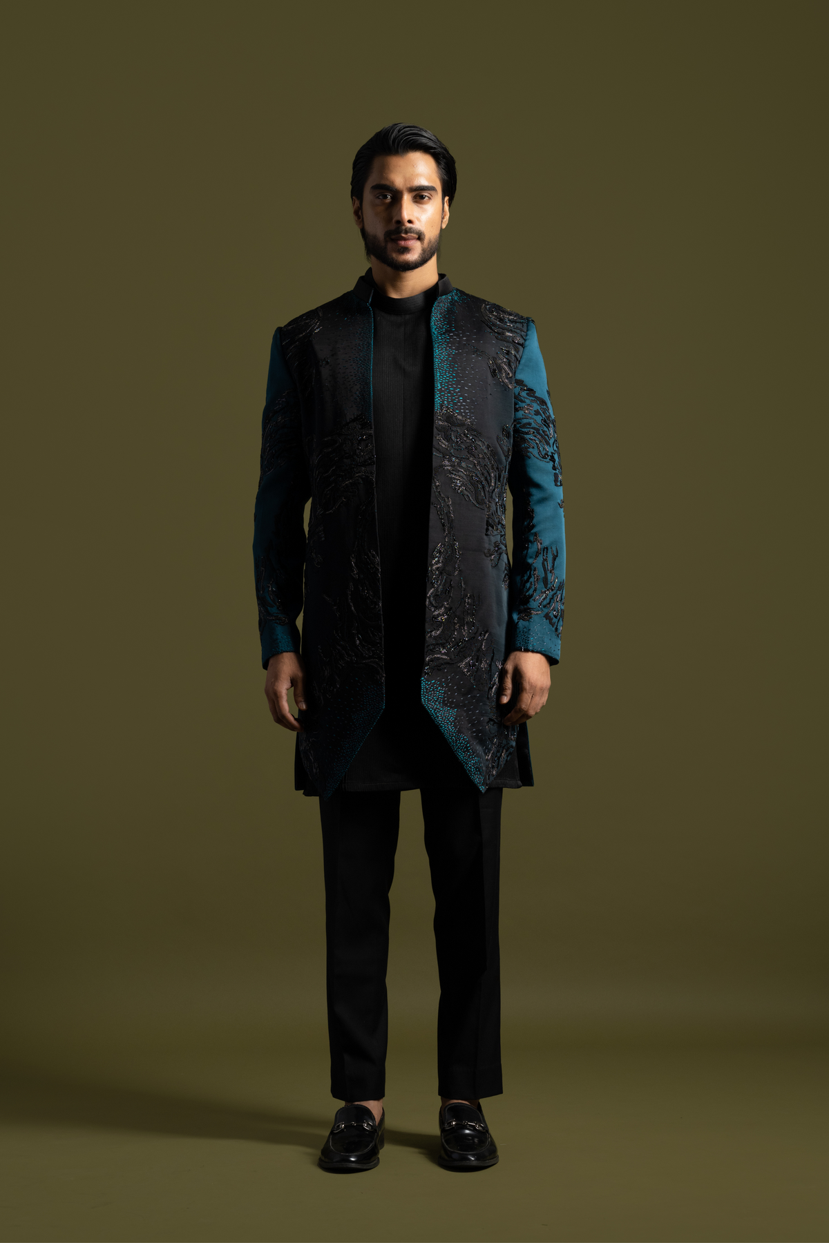 Achkan Teal To Black Kurta In Black