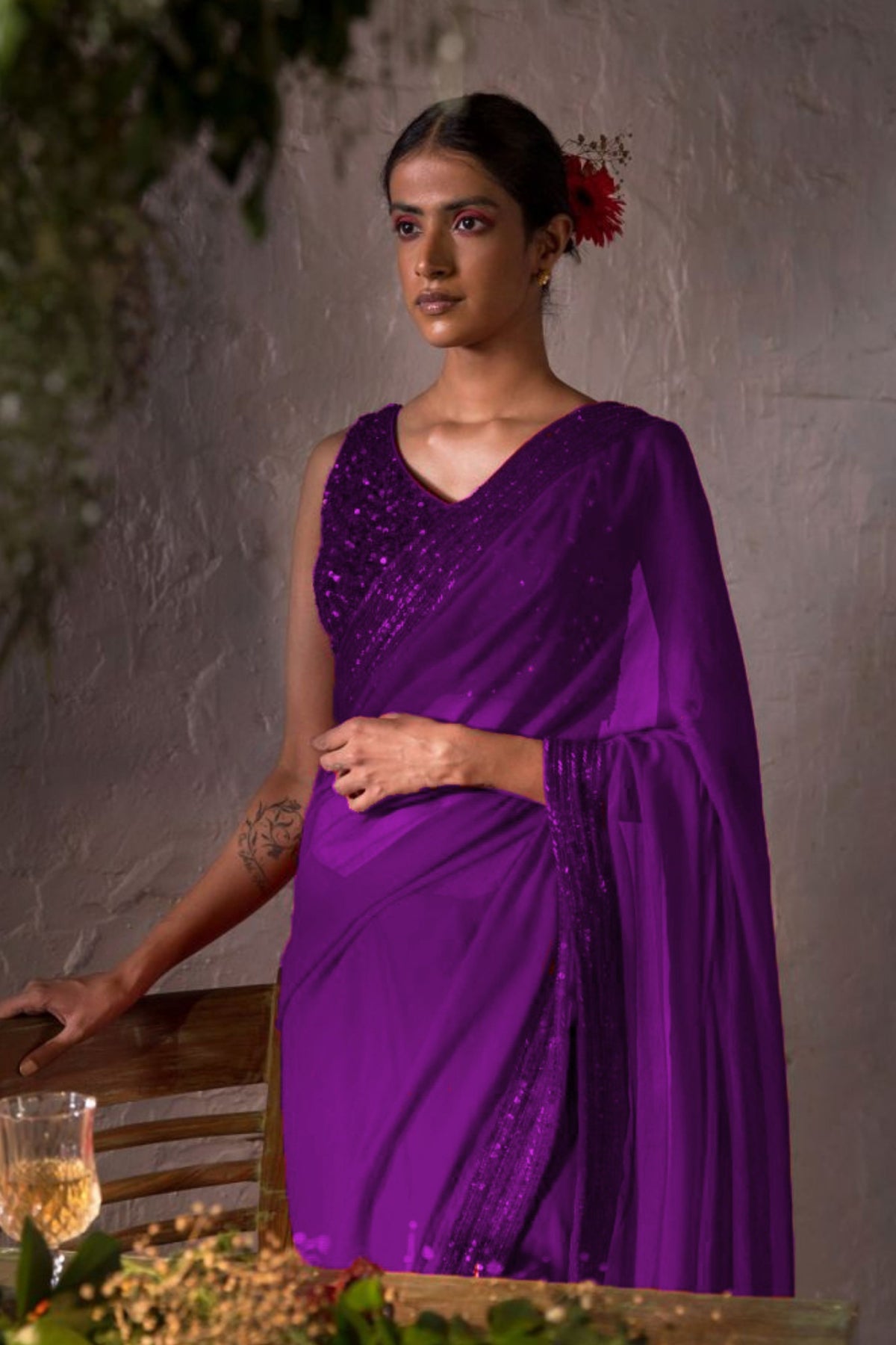 Anamika Eggplant Purple Saree Set