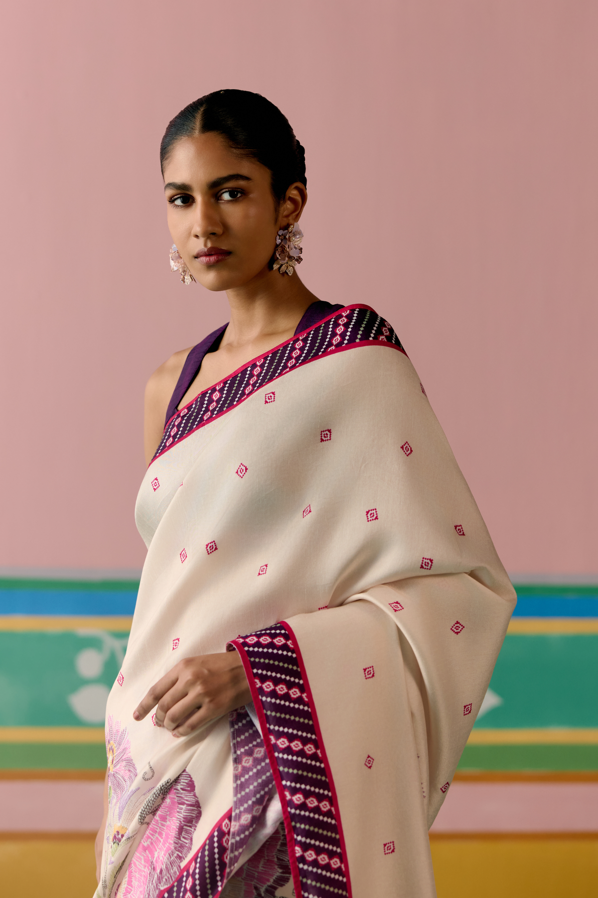 Ecru Purple Ikkat Saree