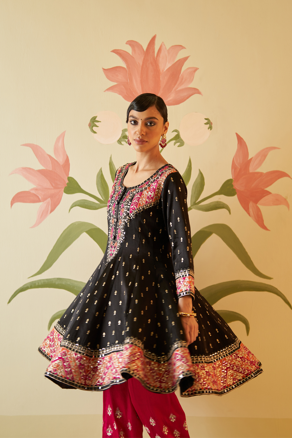 Black Satin Silk Anarkali Set