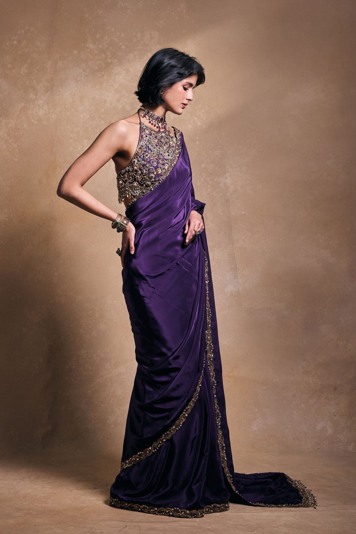 Regal Purple Crepe Saree Set