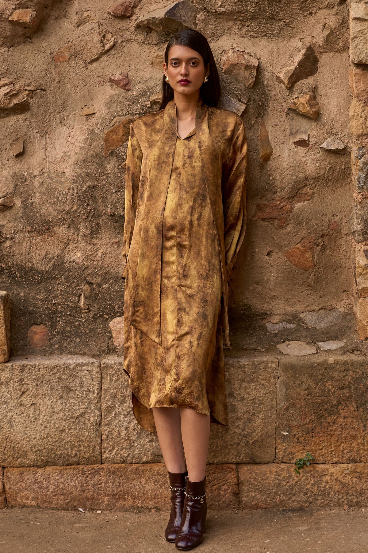 Mustard Neck Scarf Dress