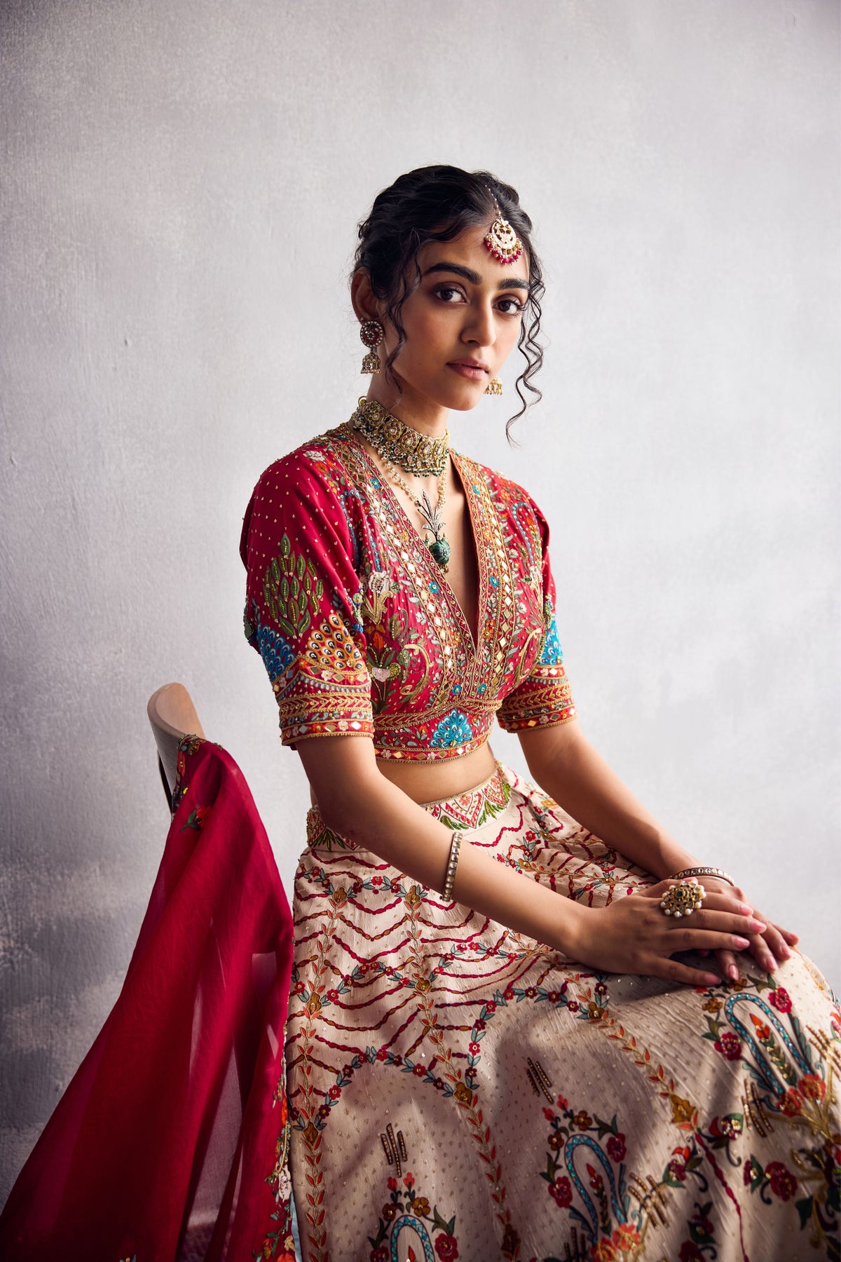 Ivory and Red Lehenga Set
