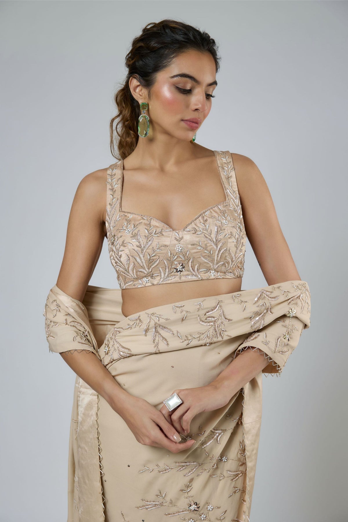 Beige Floral Draped Saree Set