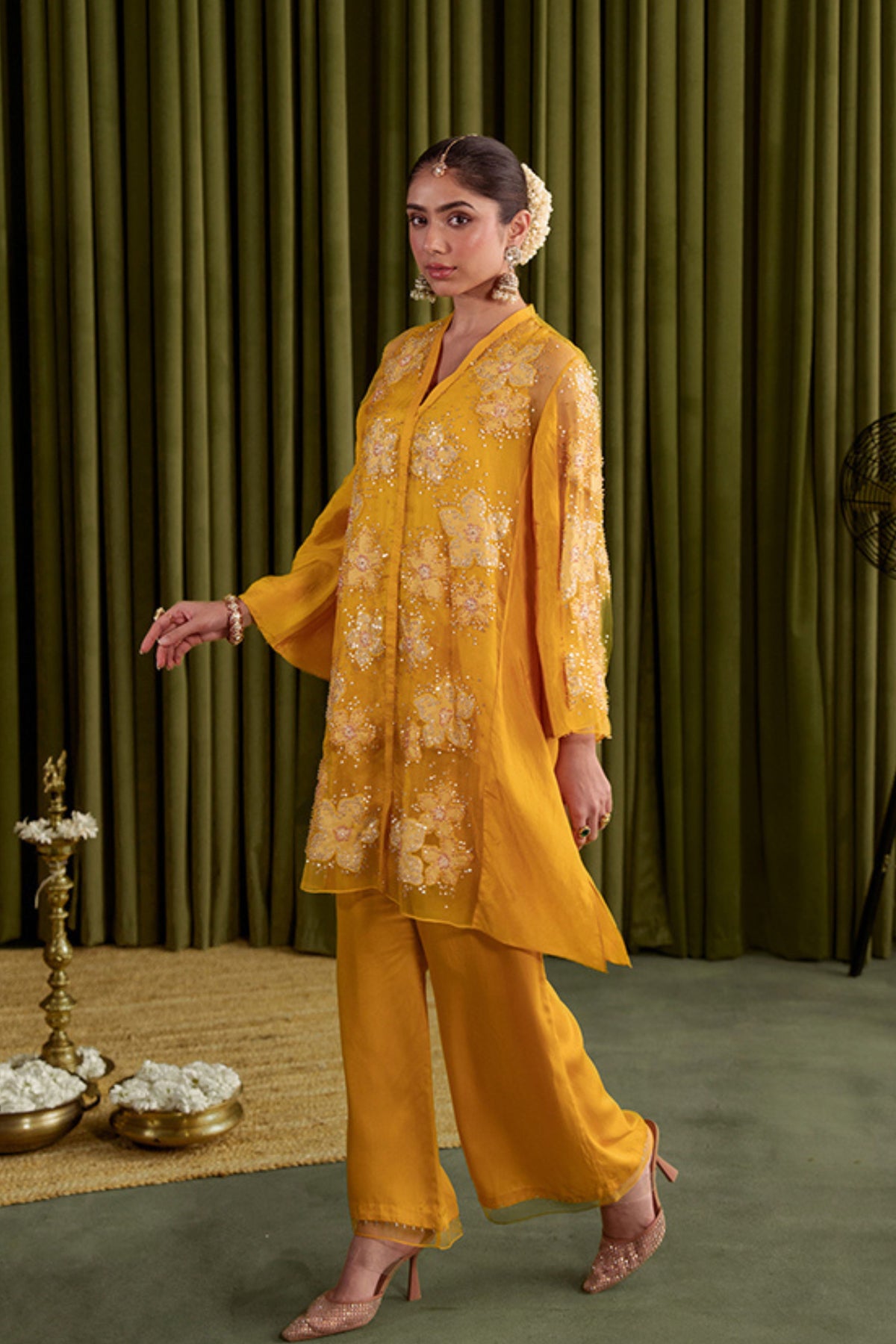 Golden Yellow Floral Kurta Set