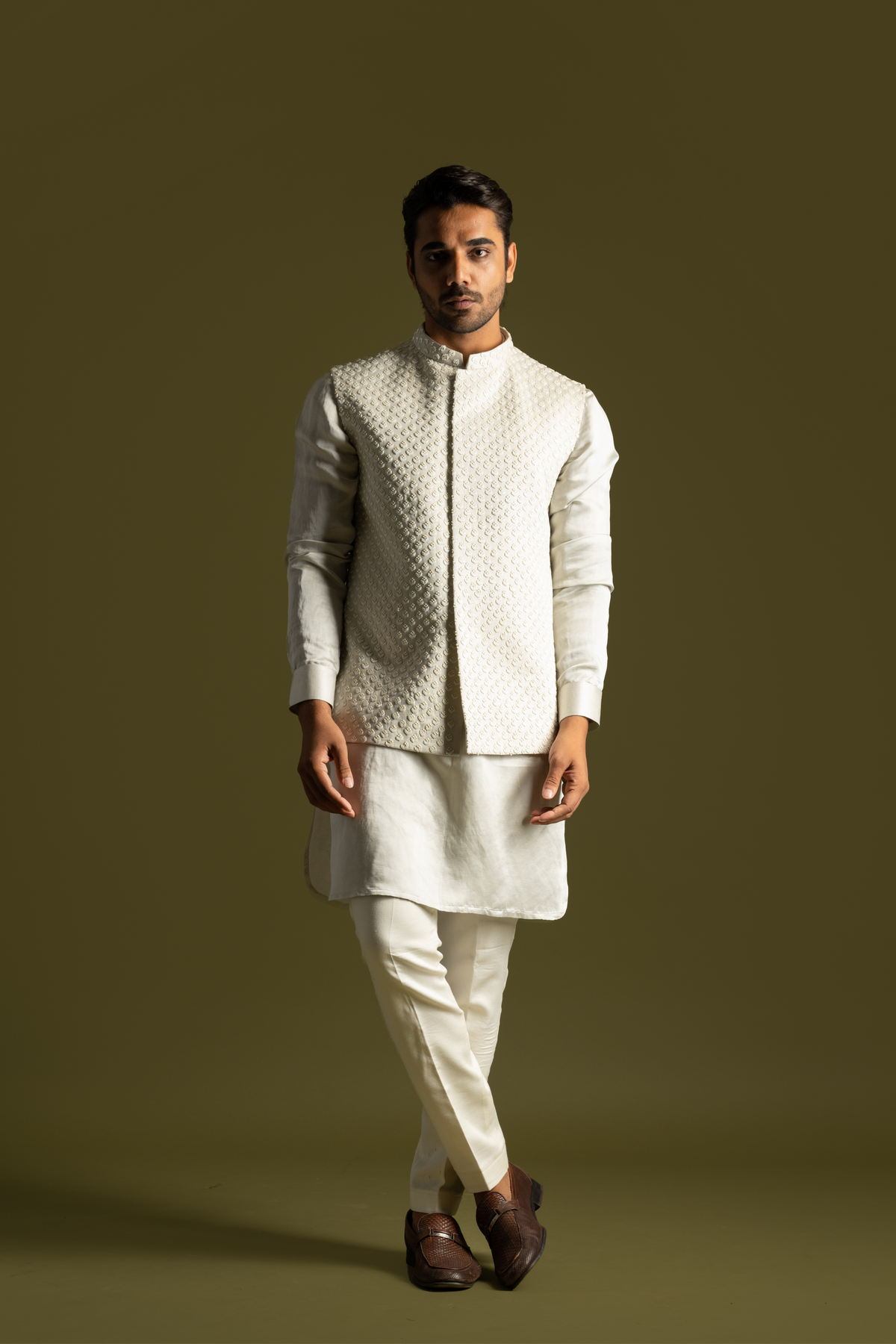 Grey Linen Satin Kurta Set