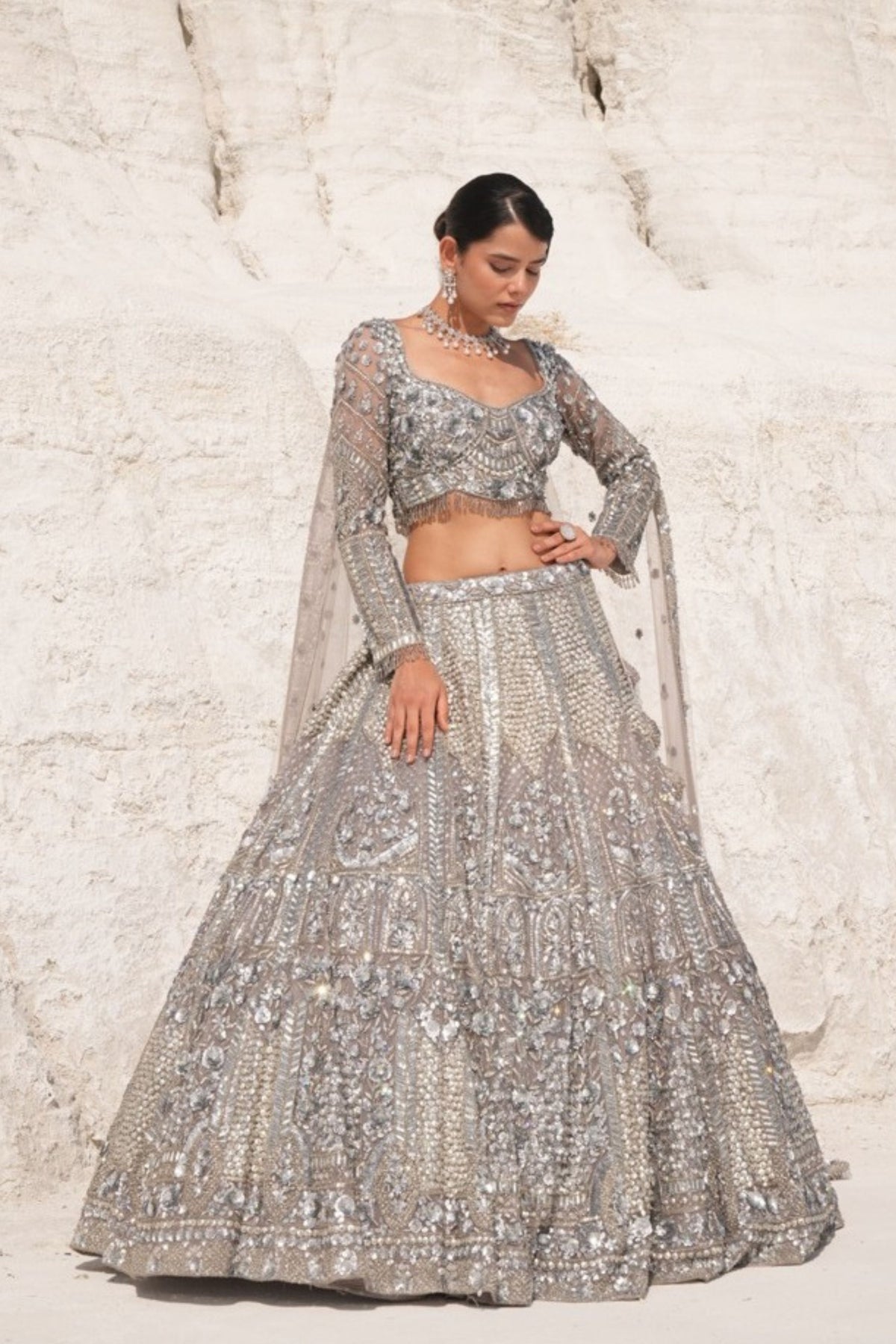 Steel Grey Embroidered Lehenga Set