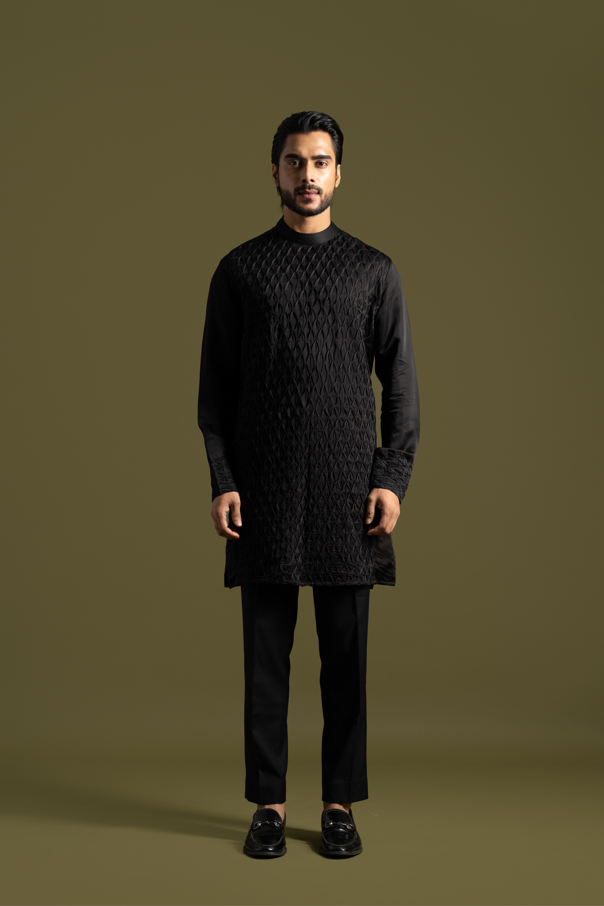 Black Linen Satin Kurta Set