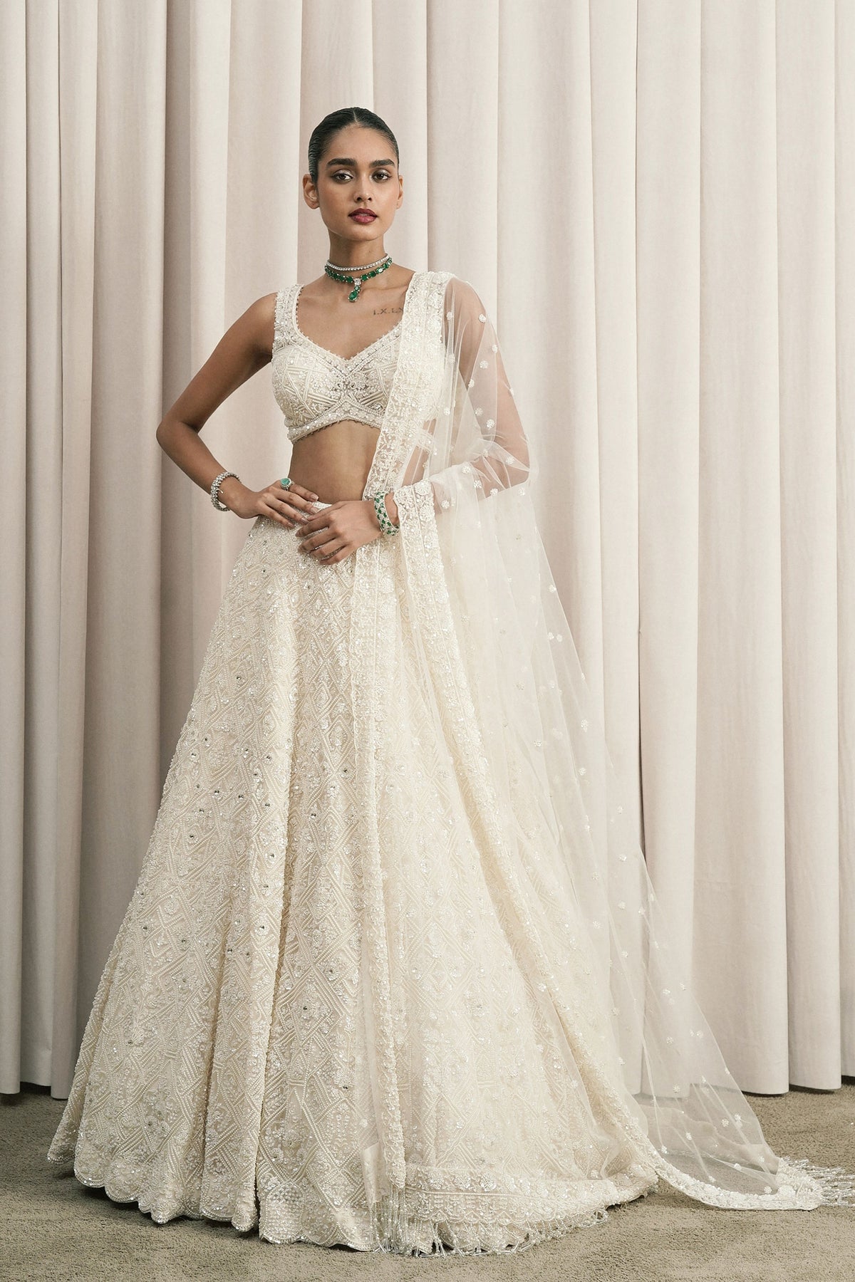 Ivory Geometric Embroidered Lehenga Set