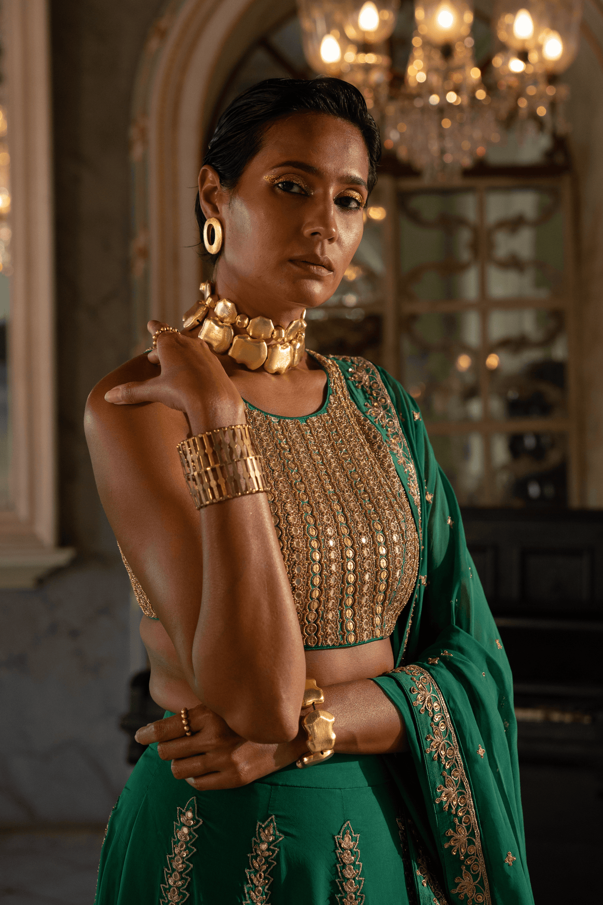 Green mirror Blouse Lehenga Set