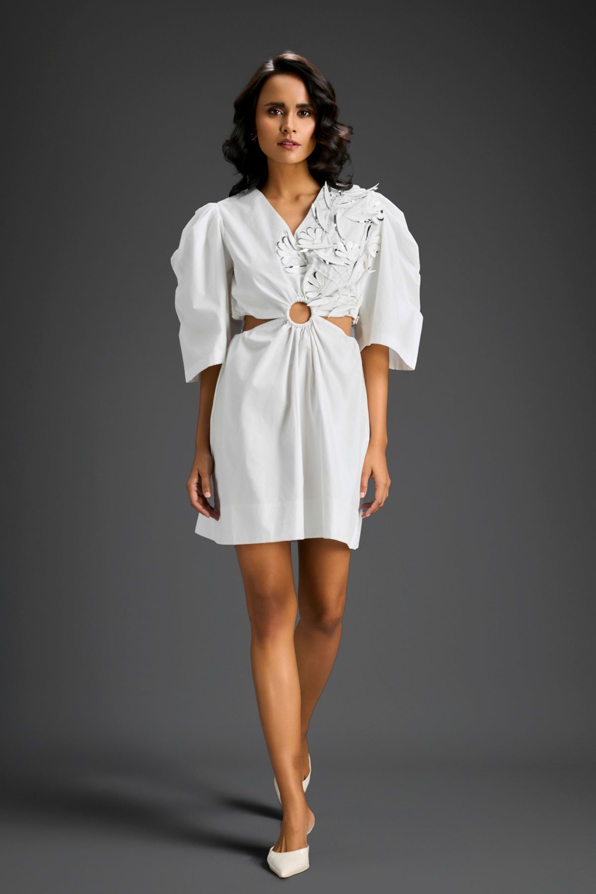 White Embellishment V-neck Dress