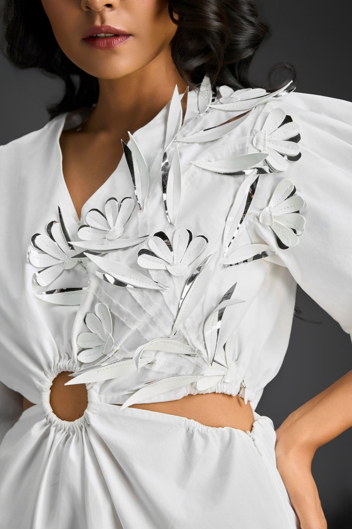 White Embellishment V-neck Dress