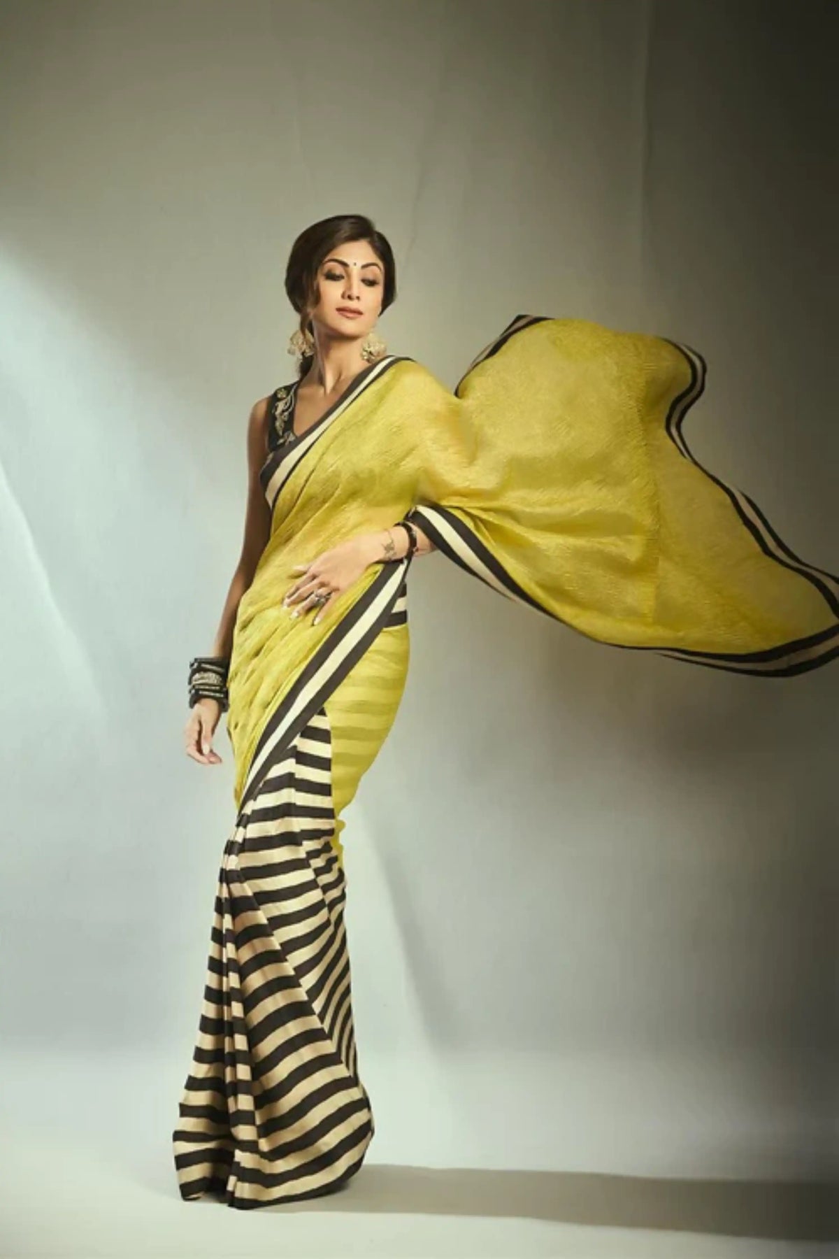 Lime Gold Stripe Tissue Saree