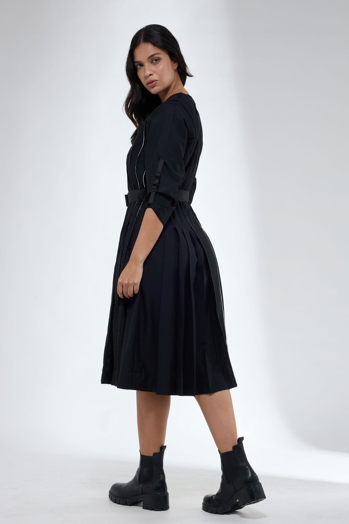 Mid Calf Pleated Black Dress