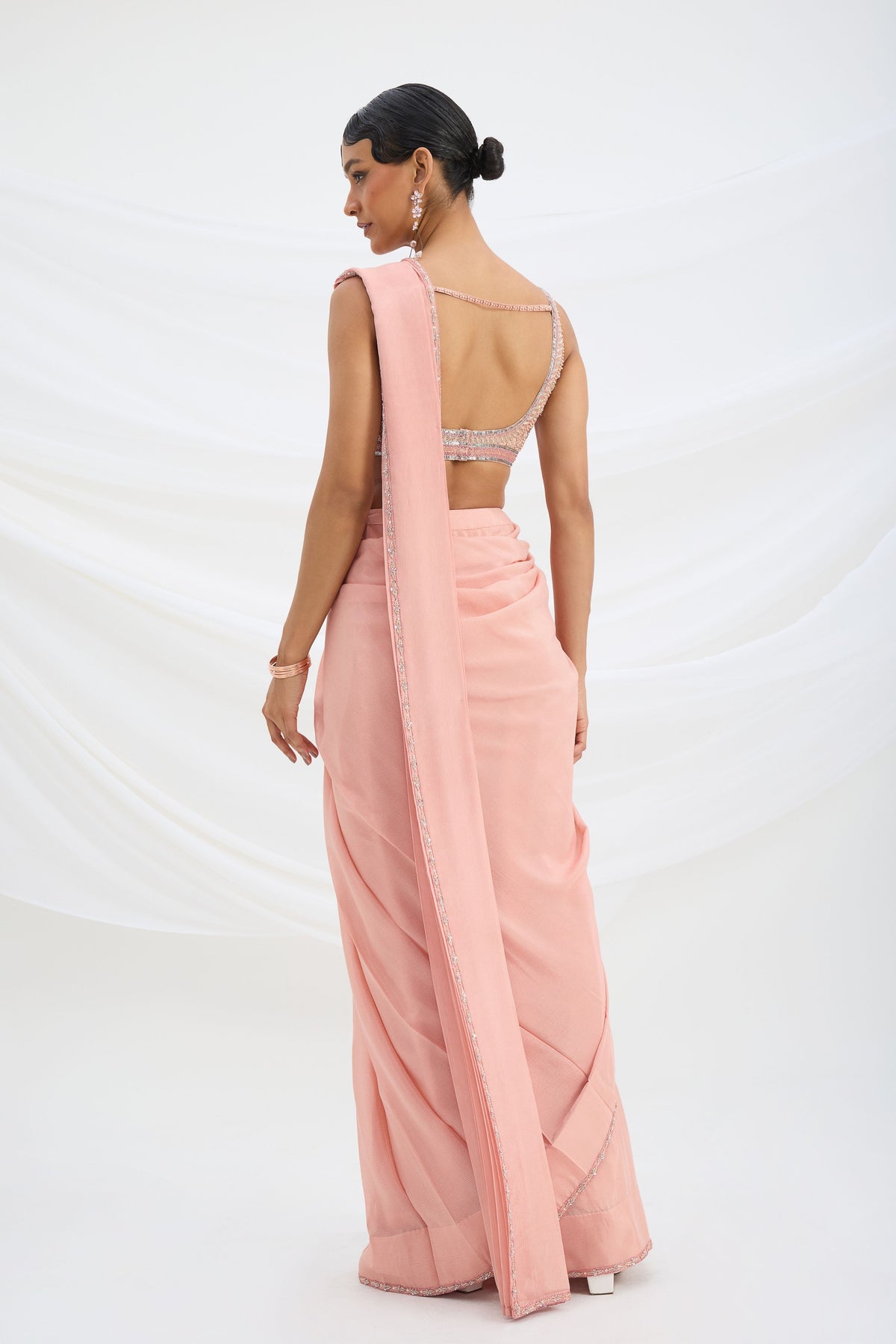 Peach Pink Drape Saree Set