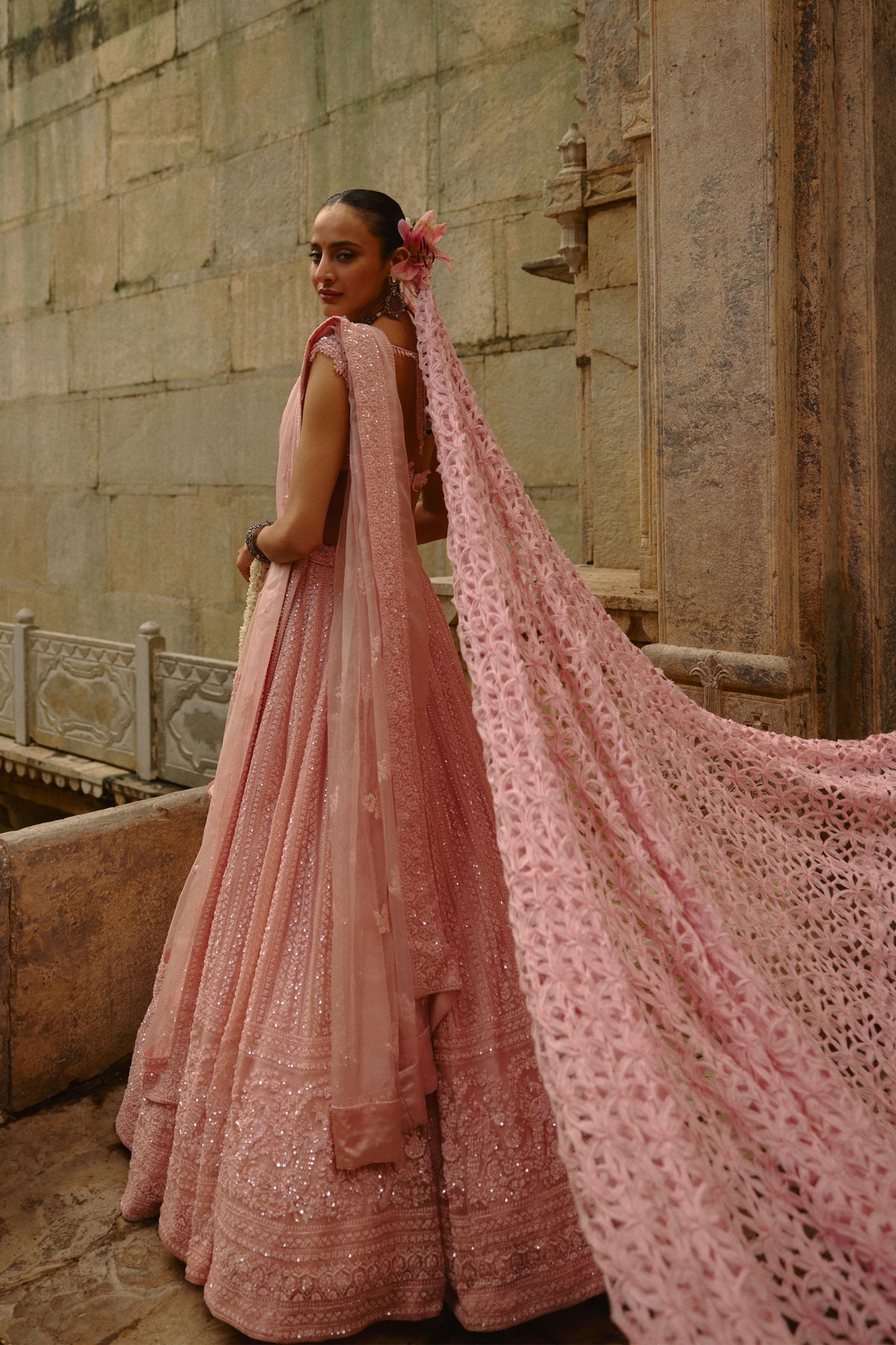 Pink Net Lehenga Set