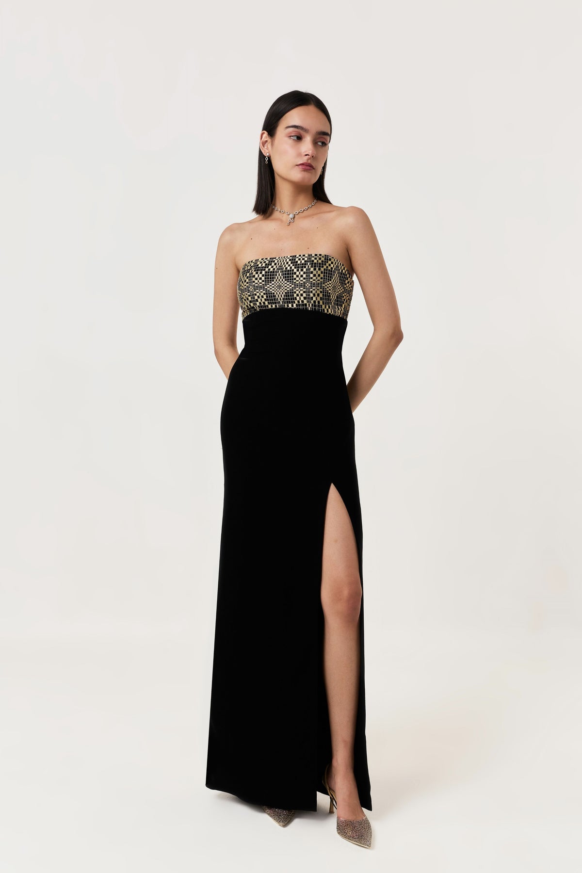 Geometric Dabka Strapless Dress