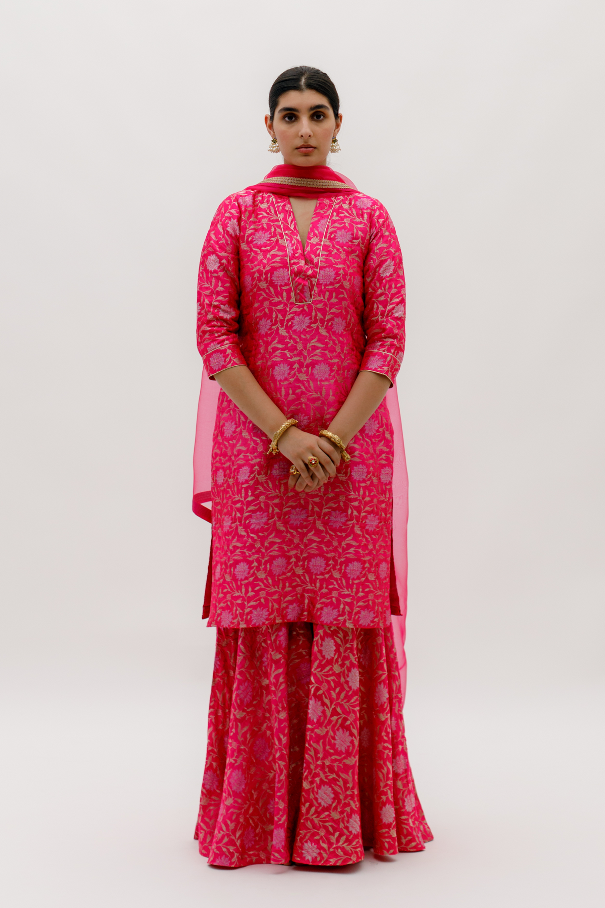 Pink Benarasi Kurta Sharara Set