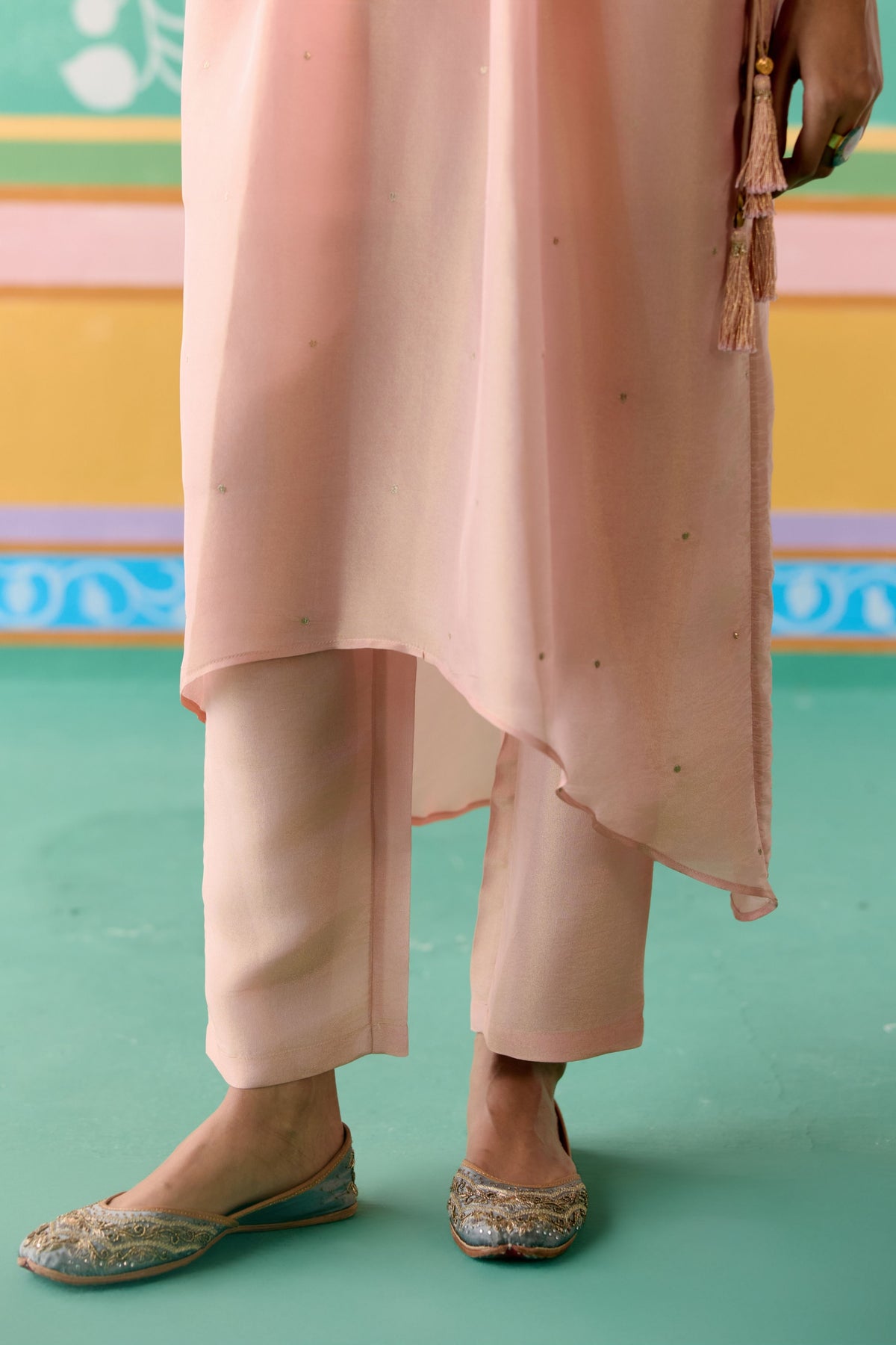 Peach Embroidered Long Kaftan Set