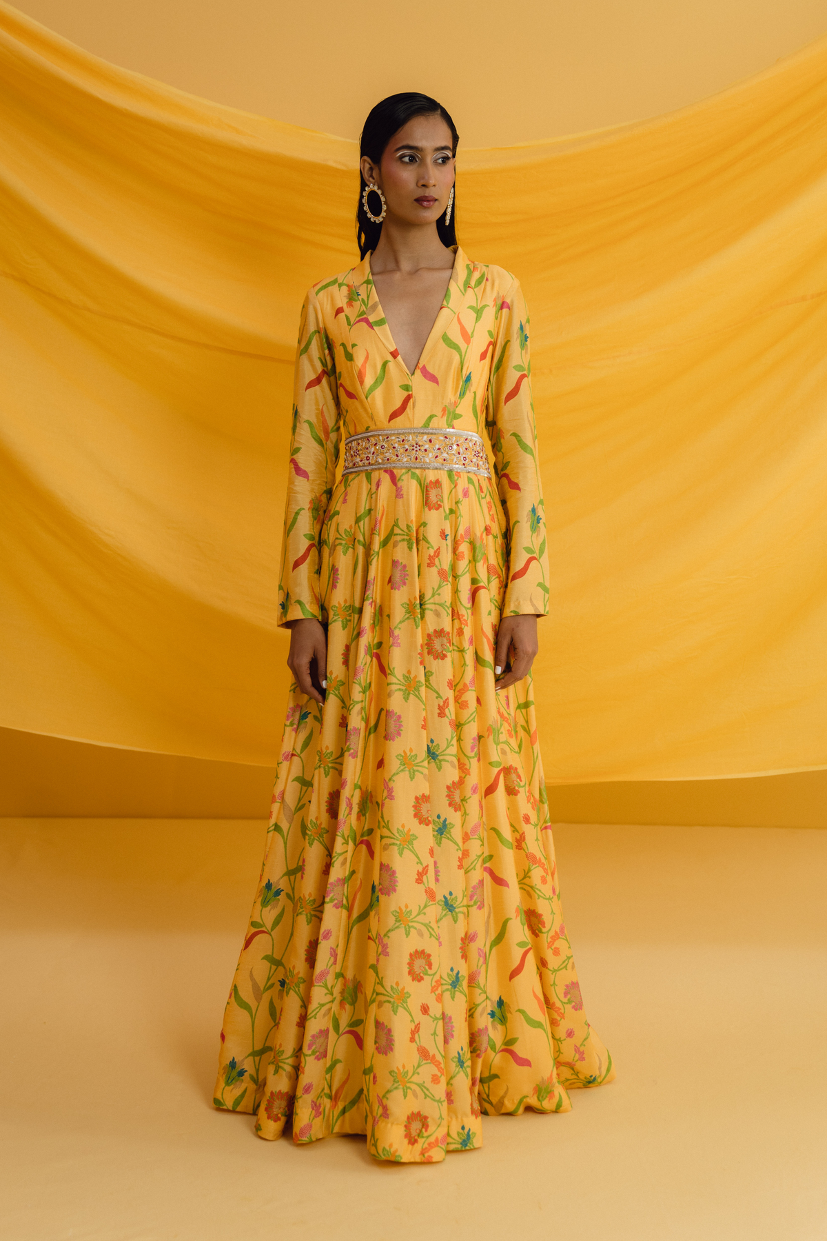 Yellow Mix Print Shawl Collared Maxi