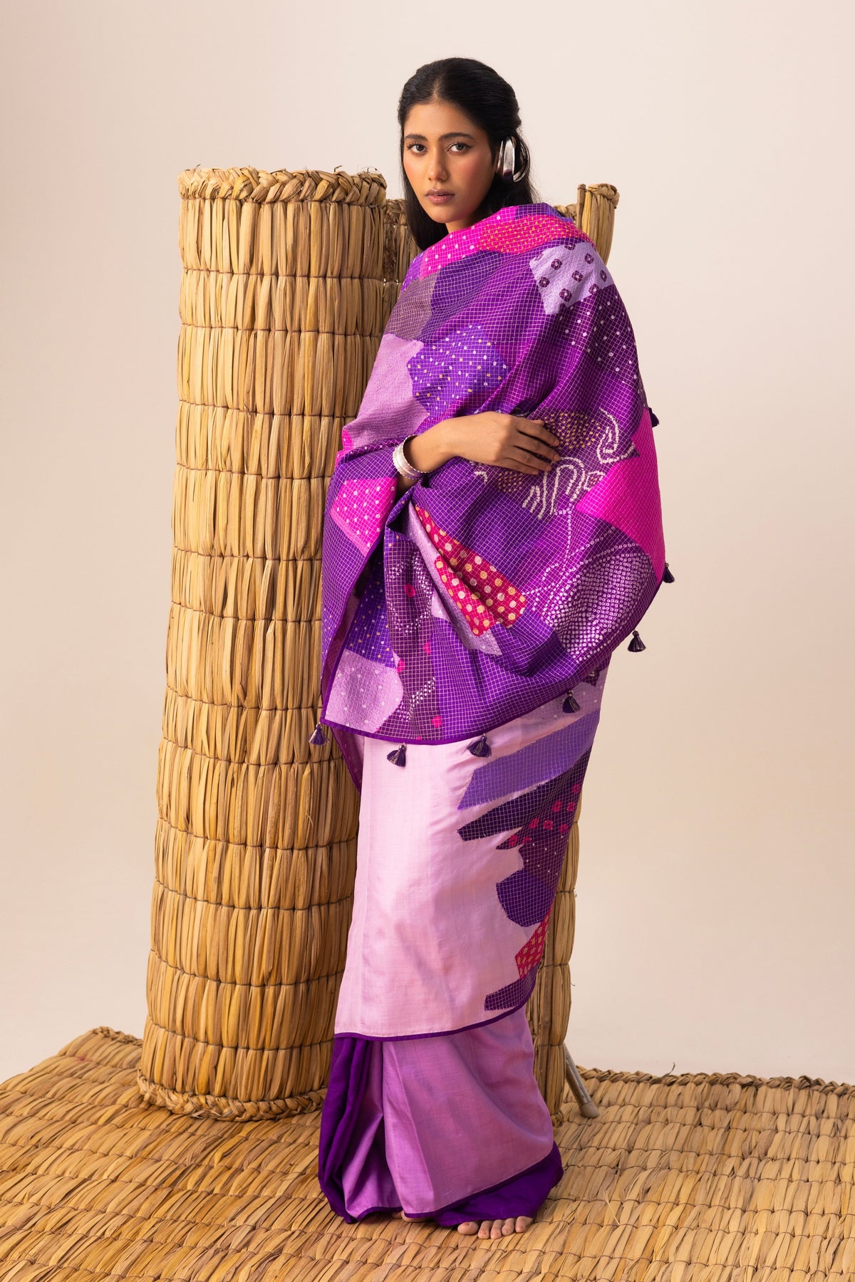 Purple Multi Bandhani Patchwork Saree set