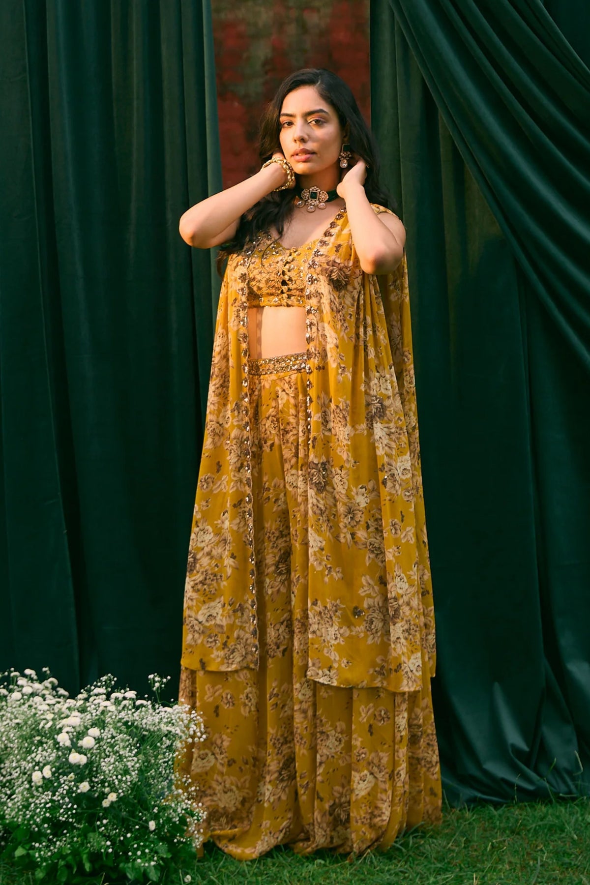 Mustard Floral Cape Set