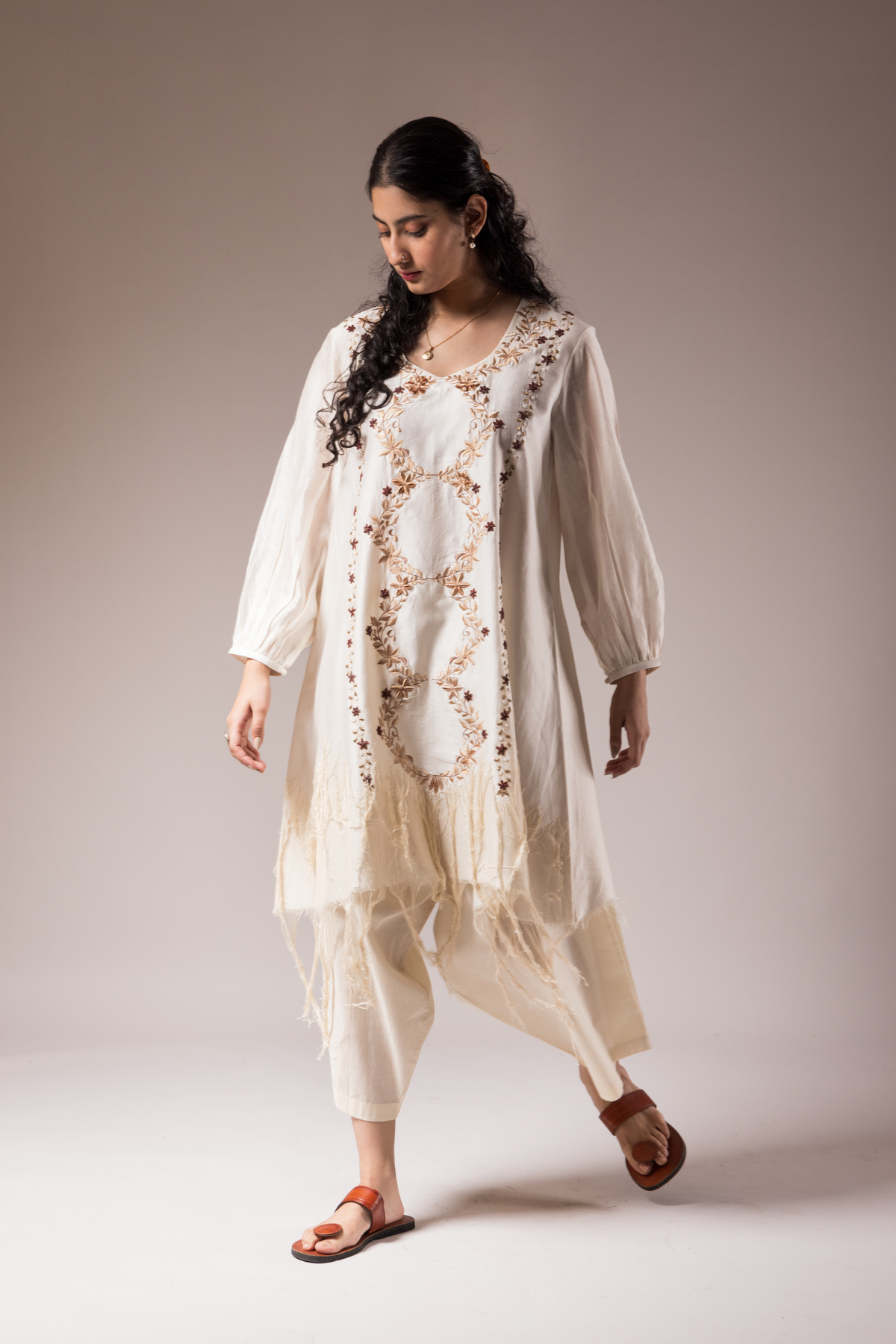 Ivory Dress With Bottom Dhagai