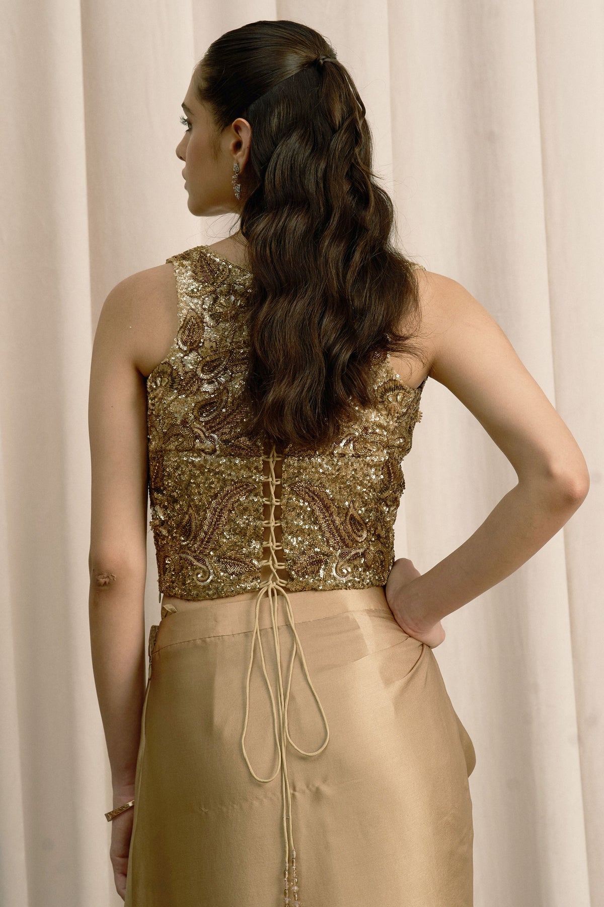 Beige Embroidered Pick-Up Skirt Set