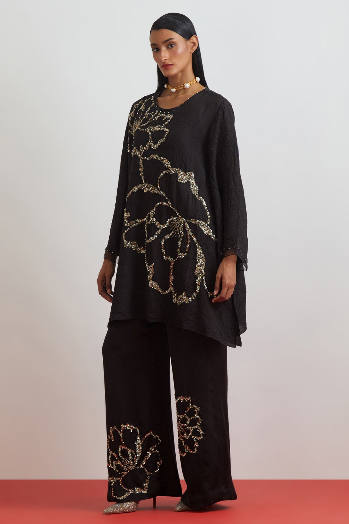 Black Crushed Tunic Set