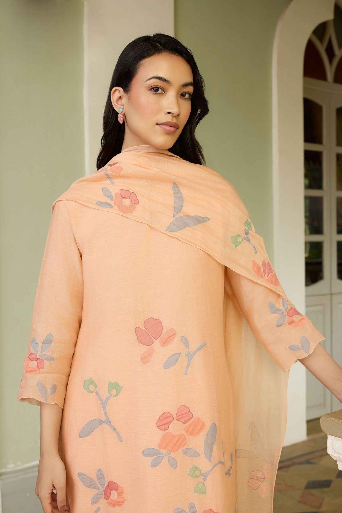 Peach Applique Floral Kurta Set