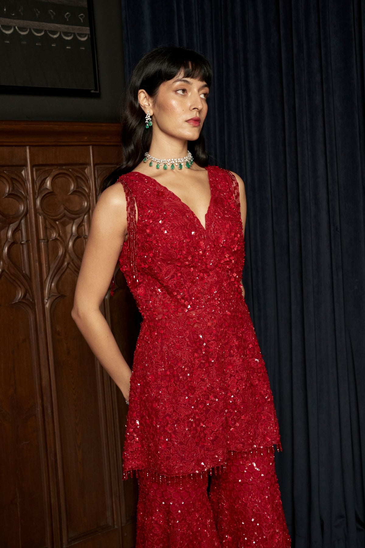 Red Embroidery Sharara Set